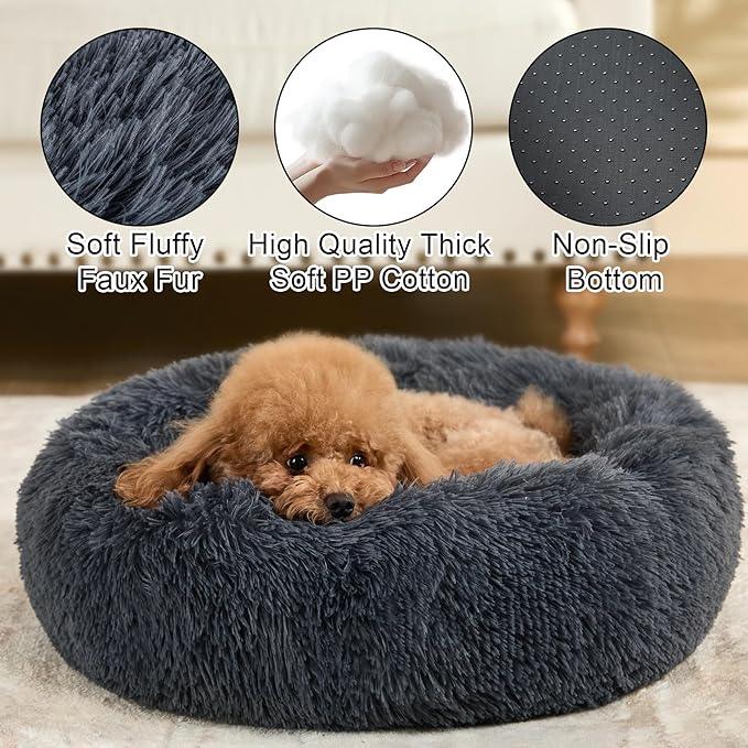 Dog Calming Beds for Small Medium Large Dogs - Round Donut Washable Puppy Dog Bed, Anti-Slip Faux Fur Fluffy Donut Cuddle Anxiety Cat Pet Bed(28" Dark Grey)