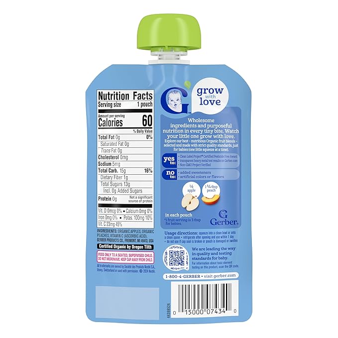 Gerber Stage 2 Baby Food, Organic Apple Peach Puree Pouch, 2 Servings of Fruit, No Added Sweetener, No Artificial Colors or Flavors, 12-Pack