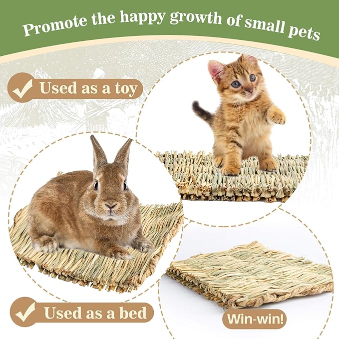 Sukh 3 PCS Rabbit Grass Mats - Natural Hay Woven Bunny Rabbit Bad Cage Mats Pet Bedding Cooling Sleeping Nesting & Toys for Hamster Bunny Chinchilla Guinea Pig Mouse Bird and Other Small Animals
