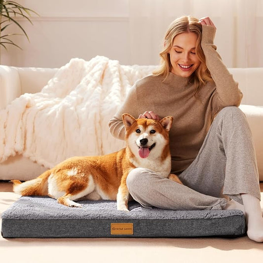 Patas Lague Orthopedic XL Dog Bed Large Sized Dog 42''X28'', Soft Waterproof Egg Crate Foam Large Pet Crate Beds Mat with Removable Washable Cover and Non-Slip Bottom, Light Grey