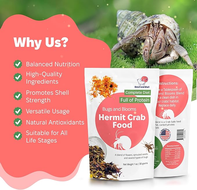 Bugs and Blooms Hermit Crab Food - 1 oz - 30 Grams - Whole Food Diet for Hermit Crabs - Seeds, Bugs and More by Snout and Shell