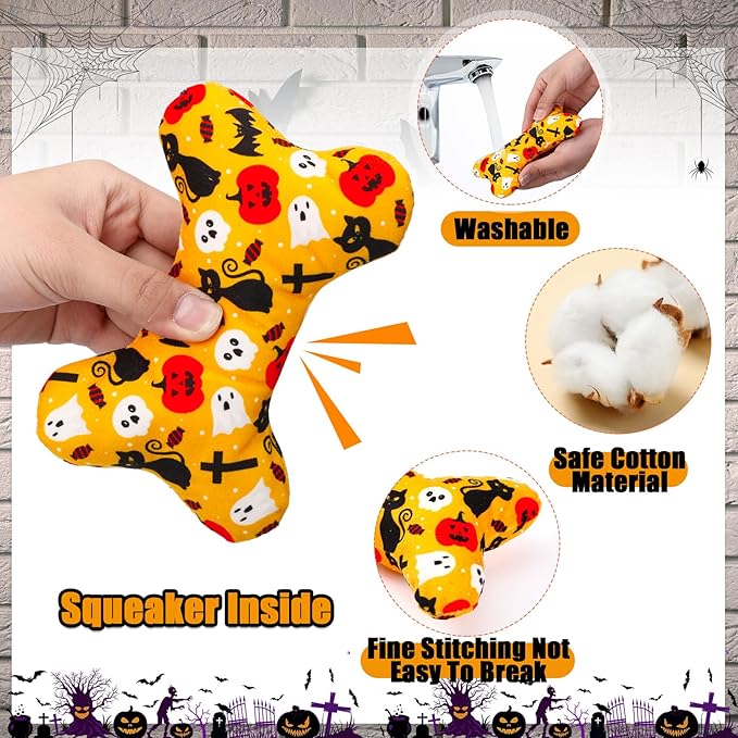 6 Pcs Halloween Dog Toys Puppy Tennis Balls and Squeaky Bone Toys Plush Interactive Pet Toy for Small Medium Large Dog Plush Chew Toy Puppy Training Toss Playing Gift