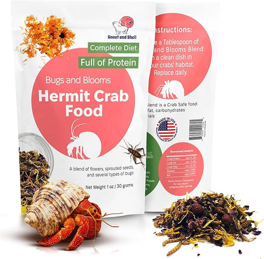 Bugs and Blooms Hermit Crab Food - 1 oz - 30 Grams - Whole Food Diet for Hermit Crabs - Seeds, Bugs and More by Snout and Shell