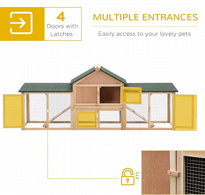 PawHut 83" L Outdoor Rabbit Hutch with Double Runs, Large Guinea Pig Cage Indoor, Wooden Bunny Hutch with Weatherproof Roof, Removable Tray, Ramps, for Rabbits, Chickens, Ducks, Natural