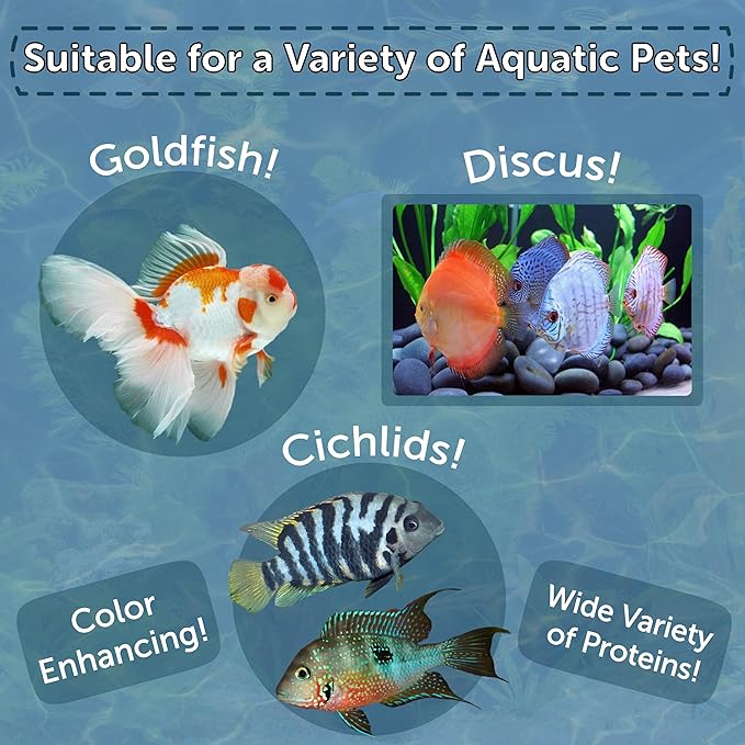 Aquatic Foods Inc. 12-Type Floating & Sinking California Blackworm & Coloring Pellets of 1mm, 2mm, 3mm Size for All Tropical Fish, Koi and Pond Fish, 4-Type Wafer Mix Included...5oz Canister