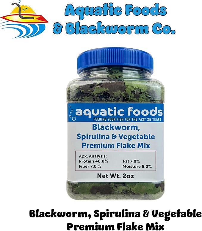 45% Blackworm & Vegetable-Spirulina Flake Mix for Cichlids, Discus, for All Community Tropical Fish. Aquatic Foods Flakes …2oz Small Jar