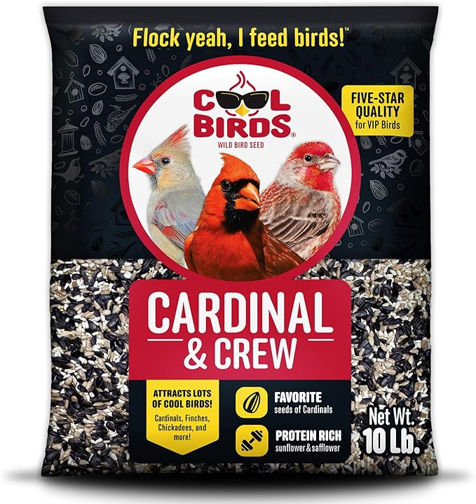 Cardinal & Crew Wild Bird Seed – 10 lb. Black Oil Sunflower, Sunflower Hearts & Safflower Blend for Cardinals, Grosbeaks & Chickadees – Bird Food for Outside Feeders