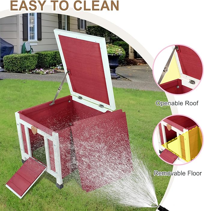Waterproof Cat House for Outdoor Cats, Wooden Small Pet House Outside, Weatherproof Feral Cat Shelter with Elevated Floor and Lockable Door - Red