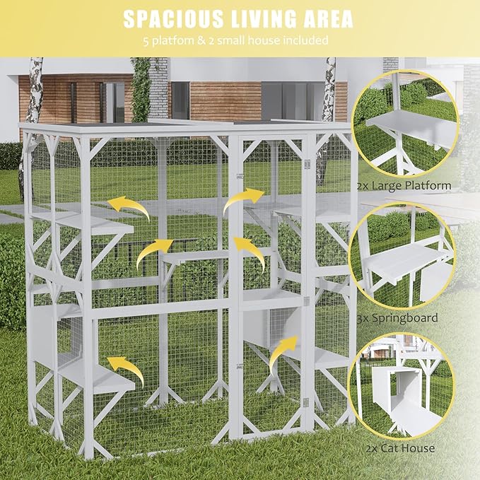 ROOMTEC Outdoor Catio with Roof 71.3" Height Large Wooden Cat Enclosure with 3 Jumping Platforms and 2 Napping Houses Cat Cage for Cat Activity (White)