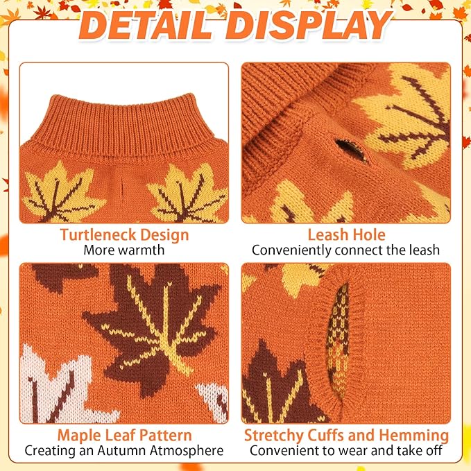 KOOLTAIL Fall Dog Sweater, Thanksgiving Dog Sweater with Autumn Maple Leaf Pattern, Cold Weather Pet Knitted Winter Coats Clothes Turtleneck Pullover for Small Medium Large Dogs Cat Boy Girl, Orange M