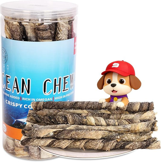 Natural Cod Skins for Dogs - Single Ingredient Dog Treats, Grain Free & Hypoallergenic - Dental Chews for Teeth Cleaning & Fresh Breath - Rich in Omega-3 for Skin & Coat Health(Long Cigar 1 ib)