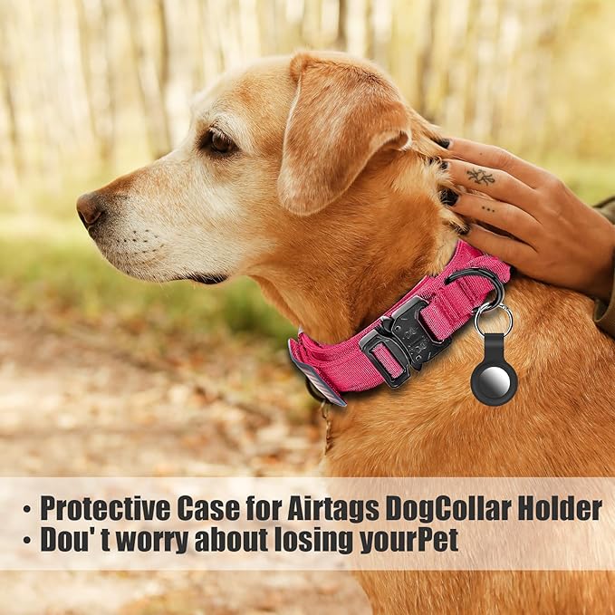 Tactical Dog Collar and Bungee Leash,Military Dog Collar & Leash Set with USA American Flag Adjustable K9 Collar with Heavy Duty Metal Buckle & Handle,with Patches and Airtags Case (Pink, M)