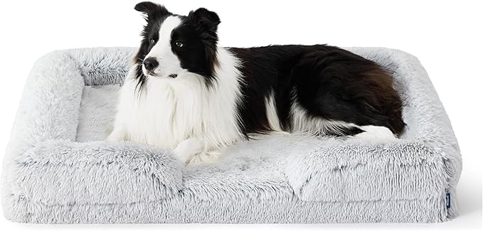 Bedsure Orthopedic Dog Beds Large Sized Dog - Washable Large Dog Cat Bed Waterproof, Comfort Dogs Couch Sofa with Washable Removable Cover, Pet Bed with Nonskid Bottom, Long Faux Fur-Misty Grey, 35"