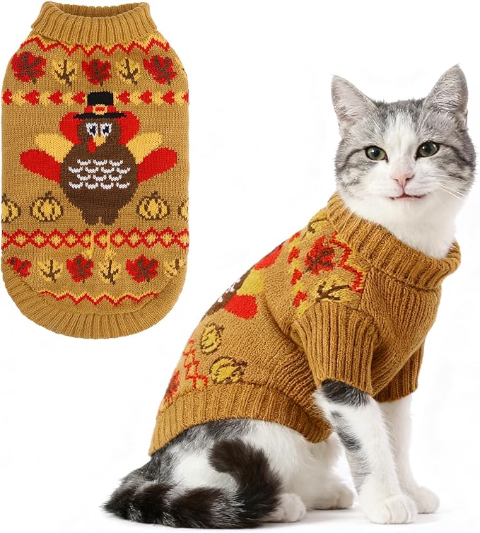 KOOLTAIL Cat Sweater Turtleneck- Soft Knit Cat Thanksgiving Sweaters for Cats Only, Turkey Pattern Thick Warm Cold Weather Pet Clothes Outfit for Small Medium Large Size Kitten Puppy Brown L