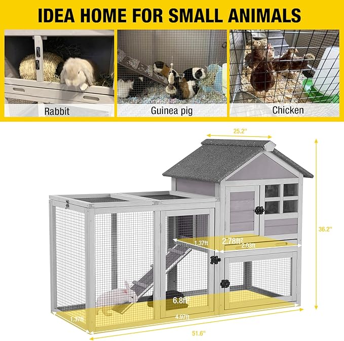 Aivituvin 103.2" L Rabbit Hutch Indoor Outdoor Bunny Cage with Run,Guinea Pig House Pull Out Upper Tray (103.2" L x 25.2" W x 36.2" H, Grey-2 Sets)