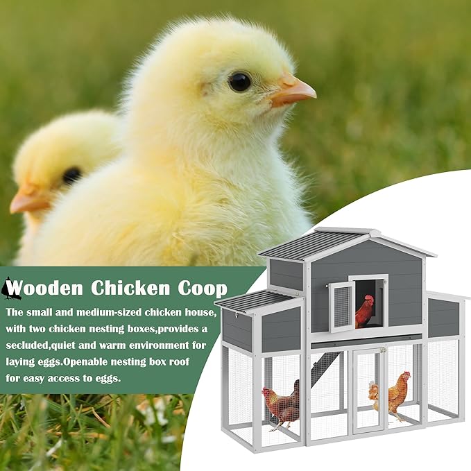 Wooden Chicken Coop for 2-6 Chickens, Outdoor Chicken House with Run & 2 Nest Boxes, Outside Hen House Poultry House Pet Hutch Chicken Cage with Waterproof Roof & Ramp, (66''LX32''WX53''H)