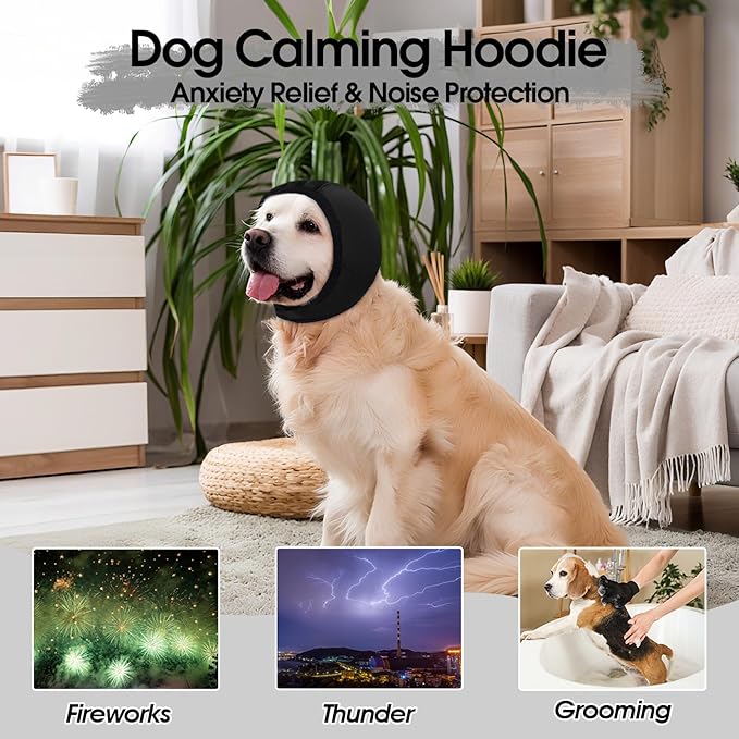 Dog Calming Hoodie, Dog Ear Muffs Noise Protection & Anxiety Relief, No Shake Ear Wraps for Dogs Quiet Ears Cover Headband for Fireworks Grooming Swimming Bathing Force Drying