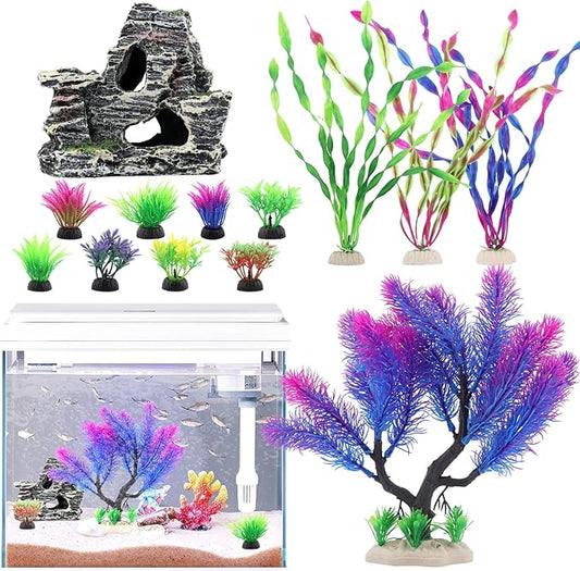 13-Piece Fish Tank Decor Kit: 12 Artificial Plants & Resin Mountain for Lifelike Freshwater/Saltwater Tanks – Hiding Holes, Low-Maintenance, Safe & Fade-Resistant