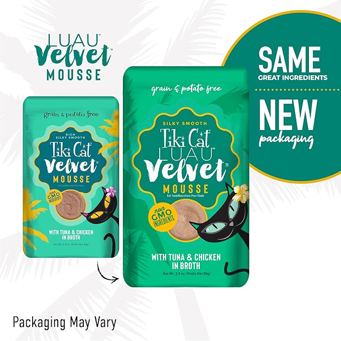 Tiki Pets Tiki Cat Velvet Mousse Grain-Free Wet Food with a Silky-Smooth Texture for Adult Cats & Kittens, 2.8oz, 12pk, Tuna & Chicken, 48005