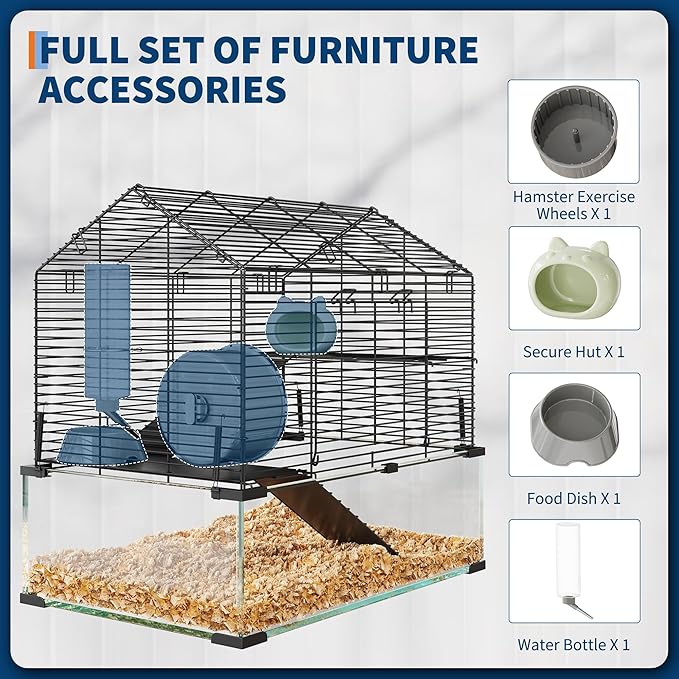 3 Tiers Large Hamster Cage - Metal Enclosure & Glass Mouse Cage with Ceramic Hideout, Running Wheel, Water Bottle & Feeding Bowl, Small Animal Habitat for Rodent Hamsters Rat Mouse Gerbil Mice