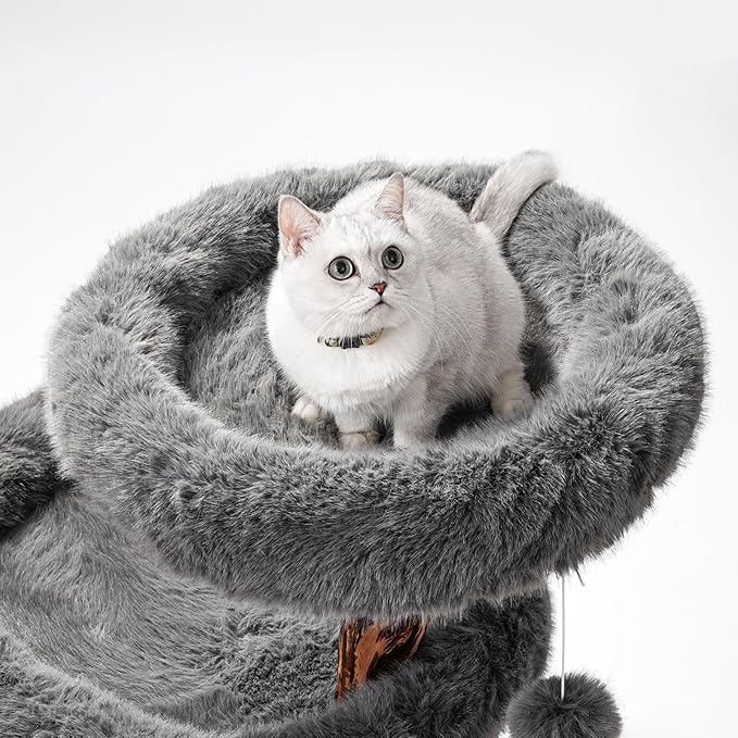 Aesthetic Cat Tree Tower for Large Cats, Large Cat Tree for Maine Coon Indoor Cats with Faux Fox Fur, Solid Wood Sisal Scratching Post, Perches, Platform & Toy Ball