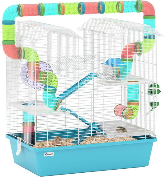 PawHut 4 Tier Hamster Cage, Large Twin Tower Design Gebril Cage with Exercise Wheel, Tubes, Hut, Ramps, Food Dish, Water Bottle, 22.8" x 14.2" x 25.6", Light Blue