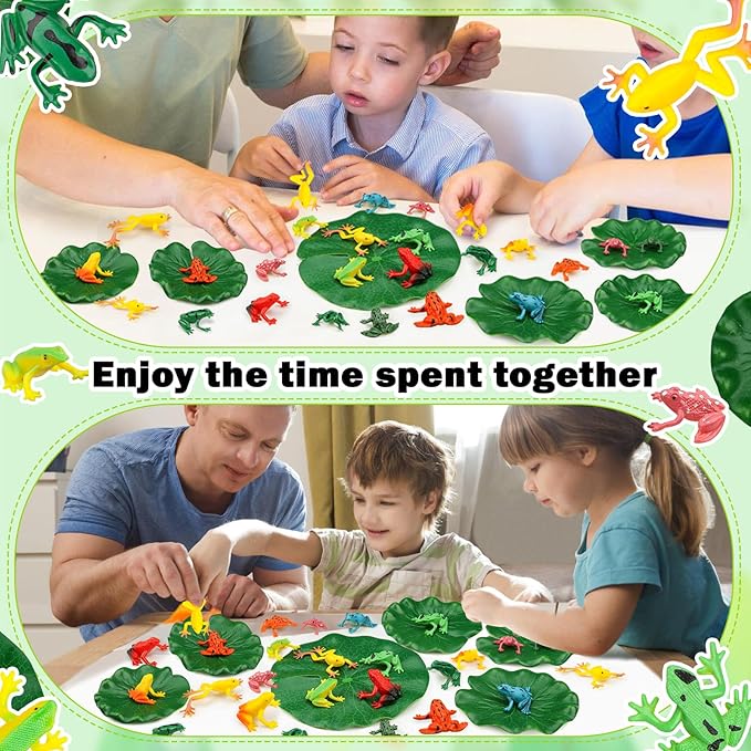 24 Pieces Mini Plastic Frog Toys and Artificial Lily Pads, Include Colorful Realistic Frogs Rainforest Animals Figures Character Toys and Floating Foam Leaves for Pool Decor Party Favor