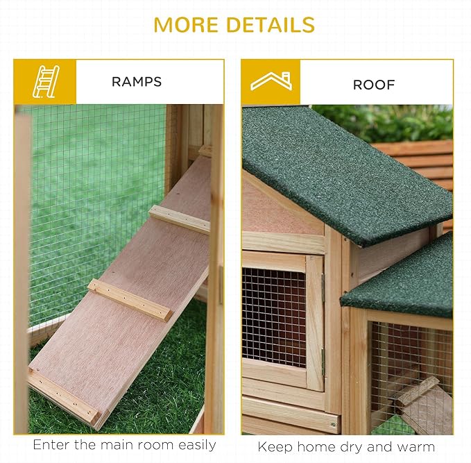 PawHut 83" L Outdoor Rabbit Hutch with Double Runs, Large Guinea Pig Cage Indoor, Wooden Bunny Hutch with Weatherproof Roof, Removable Tray, Ramps, for Rabbits, Chickens, Ducks, Natural