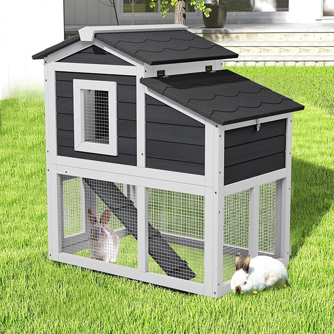 2-Story Rabbit Hutch Indoor, Wooden Furniture Style Bunny Cage with Run for Rabbits Guinea Pigs, Removable Tray & Openable Roof