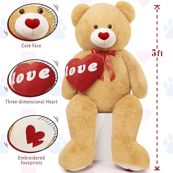 MorisMos Love Heart Giant Teddy Bear 5ft, I Love You Huge Bear Plush for Girlfriend, Jumbo 5 Foot Stuffed Animal Gifts for Boyfriend, Lover on Valentines, Anniversary, Birthday
