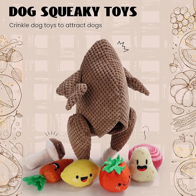 Nocciola 7 in 1 Stuffed Turkey Squeaky Fall Dog Toys, Soft Interactive Cognitive Enrichment Hide and Seek Dog Chew Toys for Large Medium Small Dogs, Cute Plush Pet Supplies 7 Packs
