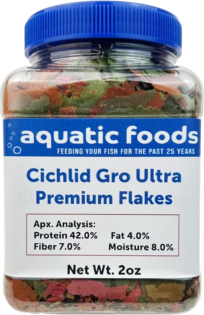Aquatic Foods Inc. Cichlid Growth & Color Enhancing Flakes for Cichlids, Discus, All Tropicals. Aquatic Foods Premium Flakes…2oz Small Jar