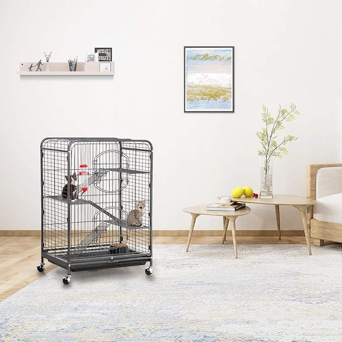 Yaheetech 37-inch Metal Ferret Chinchilla Cage Indoor Outdoor Small Animals Hutch w/ 2 Front Doors/Feeder/Wheels for Squirrel,Black