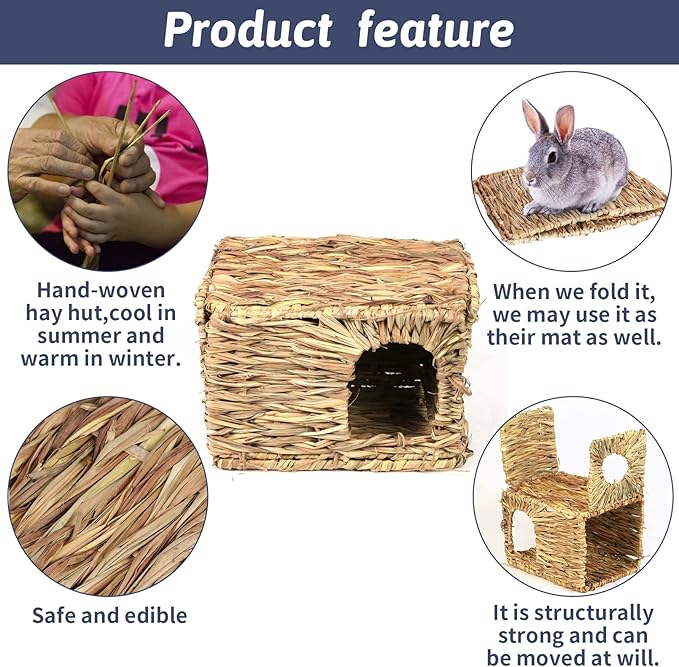 Hamiledyi 2 Pcs Grass House for Rabbit Natural Hand Woven Seagrass Play Hay Bed Foldable Woven Hideaway Hut Toy for Bunny Hamster Guinea Pig Chinchilla Small Animals