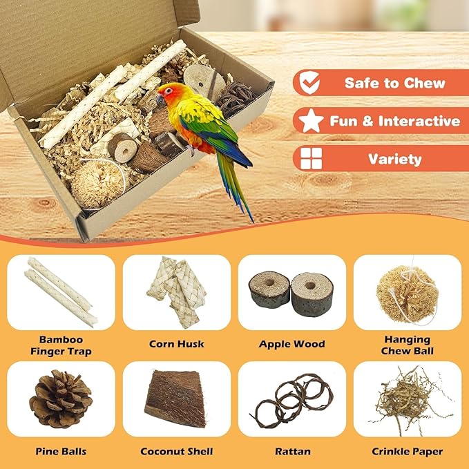 PINVNBY Natural Bird Toys Bird Foraging Box Interactive Parrot Shredding and Chewing Toy for Conure Parakeet Budgie Cockatiel Lovebird Small-Medium Birds (Medium)