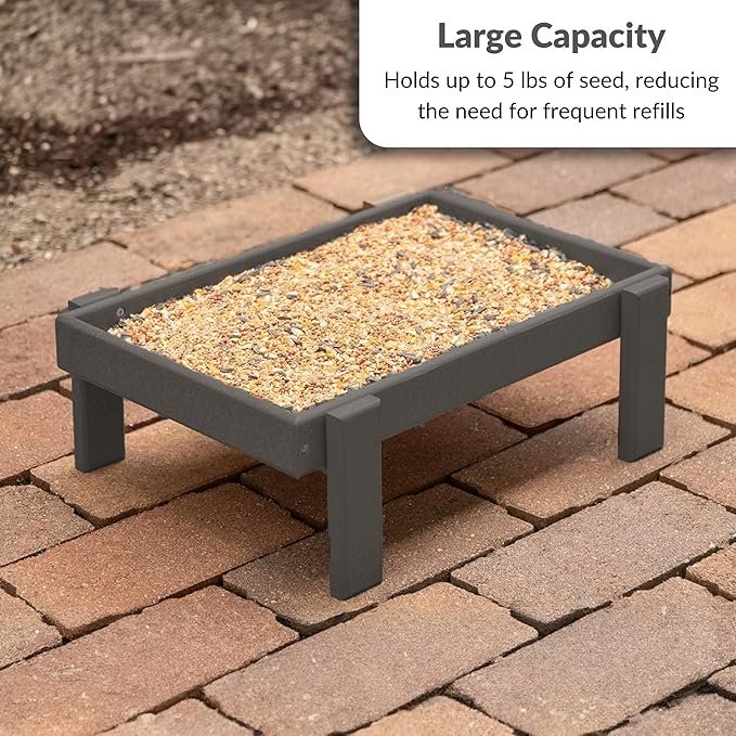 Amish American Made Platform Bird Feeder, Free Standing Ground Bird Feeders for Outdoors, with Raised Seed Tray for Wild Birds, Chicken, Squirrel, Gift for Birdwatchers (Dark Gray)