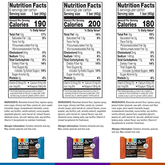 KIND Soft Baked Squares, Variety Pack, Chocolate, Peanut Butter and Salted Caramel, Almond Flour Brownies, Healthy Snack Bars, Gluten Free, 5g Protein, 18 Count