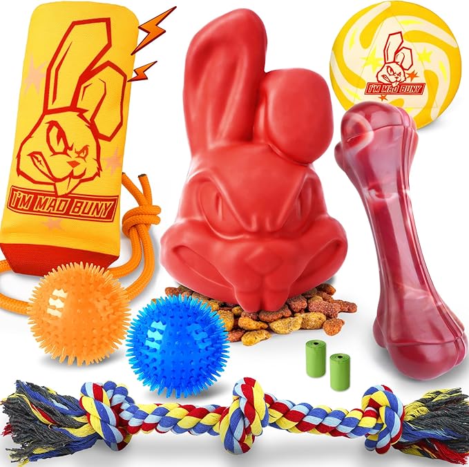 Heavy Duty Various Dog Chew Toys for Aggressive Chewers, 9 Pack Indestructible Large Dog Toys Include Tug Chew & Rope Toys, Squeaky Toys for Medium & Large Breed(For Powerful Chewers-Mad Bunny）