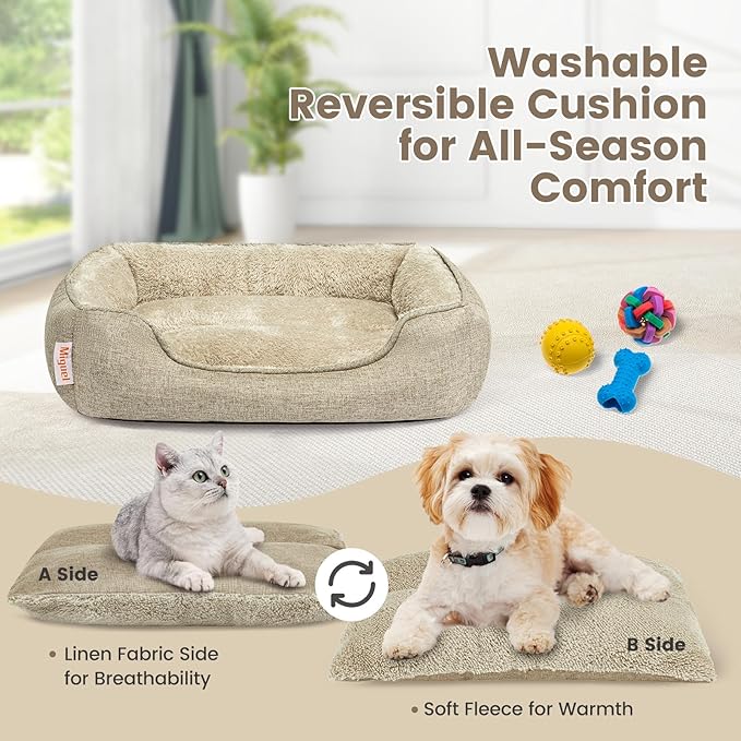 Miguel Washable Faux Linen Cat Beds for Indoor Cats with Removable Cushion Pillow, Easy to Wash Small Dog Bed with Side, Rectangle Kitten Bed Cuddle Puppy Bed with Anti-Slip Bottom, Beige 20 Inch