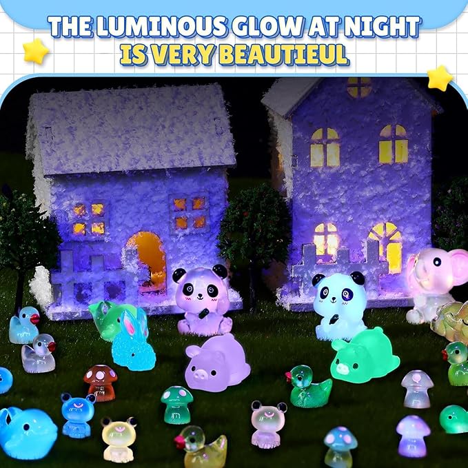 Luminous Mini Resin Animals - 138 Pcs Tiny Animals Mini Ducks Tortoise Rabbit Panda Mushroom Fruits Seashells Set Figurines Glow in The Dark Garden Miniatures Fairy Garden Accessories (138)