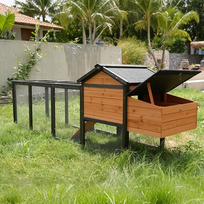 106”Solid Wood Chicken Coop for 3-4 Chickens,Outdoor Hen House Poultry Pet Hutch with Run Cage and Nesting Box,Waterproof Asphalt Roof Ramp,Removable Tray Wire Fence for Backyard