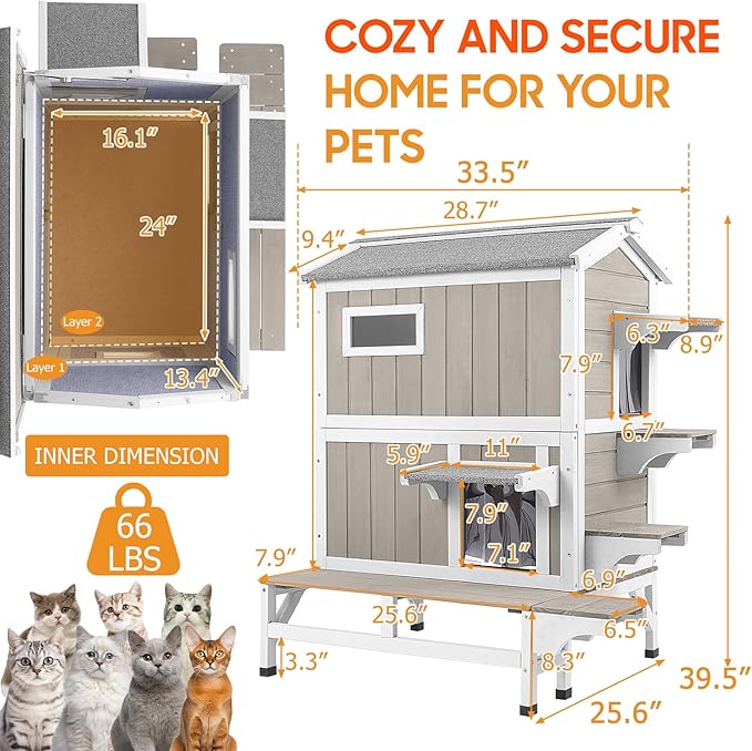 Insulated Cat House Outdoor Weatherproof with Balcony All-Round Insulation Outside Wooden Feral Cat Shelter for Winter with 3 Jumping Platforms and Openable Roof for Cats and Small Animals