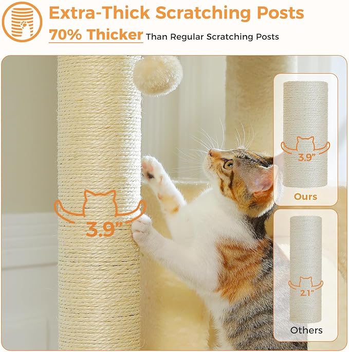 PETEPELA Cat Tree for Large Cats up to 30 lbs, 58" Heavy Duty Cat Tower with Reinforced Scratching Posts[ φ3.9”], Large Hammock, Spacious Condo & Top Perch, Sturdy Cat Furniture for Maine Coons, Beige