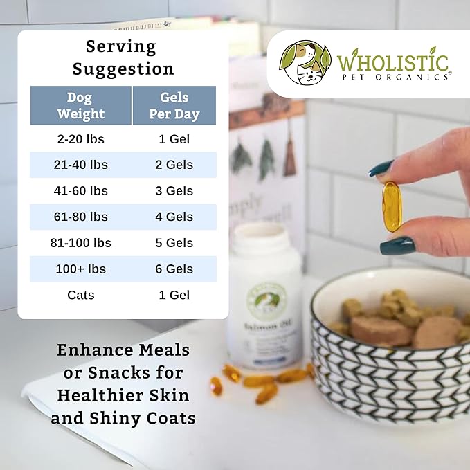 Wholistic Pet Organics Wild Alaskan Salmon Oil for Dogs - 500 Soft Gels - Rich Omega 3 Fish Oil with EPA & DHA for Skin, Coat, Joint, and Heart Health - Choice for Dog Skin & Coat Care
