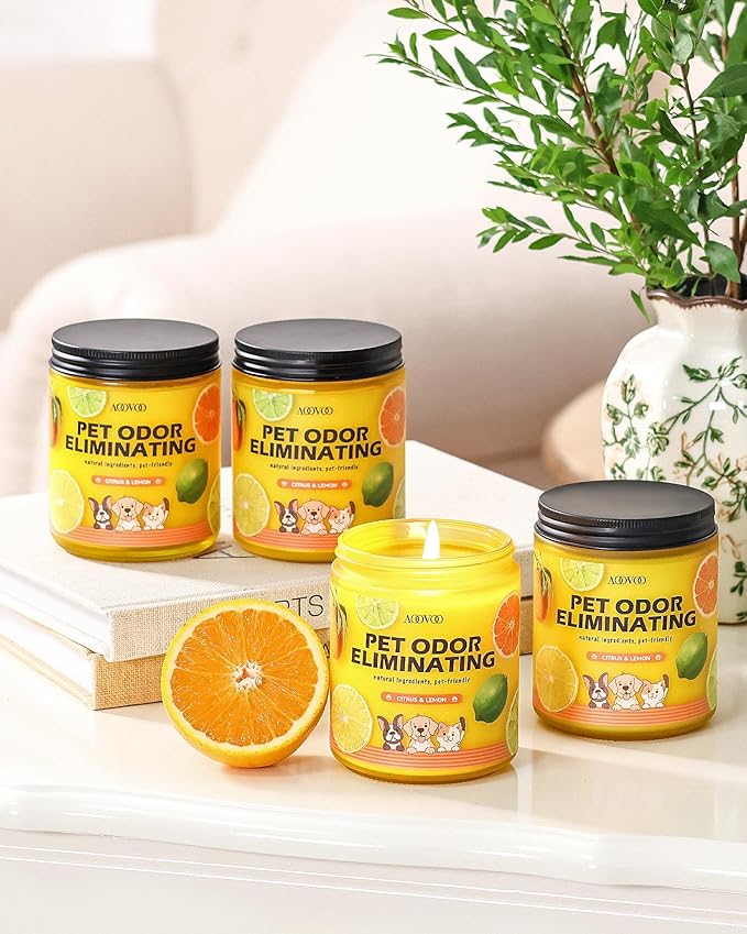 AOOVOO Pet Odor Eliminator Candle - 4 Pack Citrus Lemon Odor Eliminating Candle, Highly Fragranced Air Freshing Scented Candles, Natural Soy Wax, 36 oz