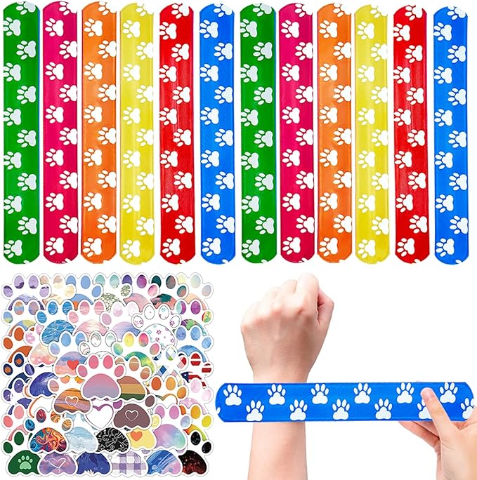 74Pcs Dog Claw ThemeParty Favors Contain 24 Pcs Dog Claw Slap Bracelets 50 Pcs DogClaw Stickers, Birthday Party Decorations,Classroom Rewards Supplies