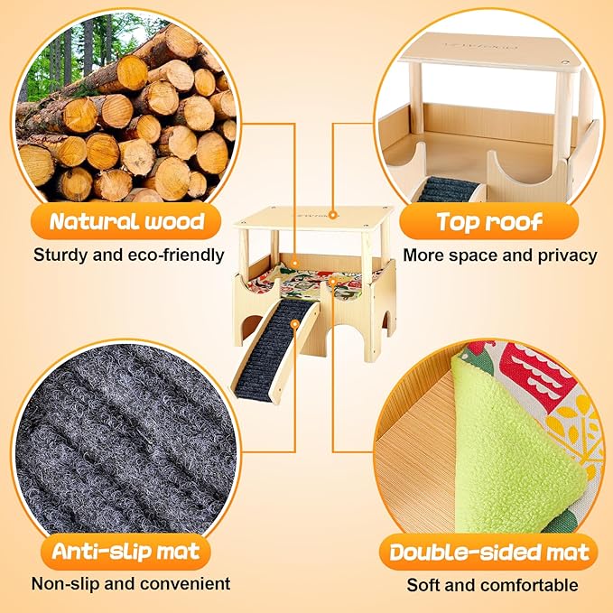 Large Wooden Guinea Pig Hideout - 2 Tierd Sturdy Guinea Pig House Castle, Small Animal Bed with Stairs, Easy to Install for Hamsters Chinchillas Bunny Playing Hiding