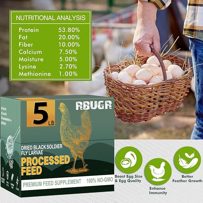 Chicken Feed, 5lb Dried Black Soldier Fly Larvae Pellets for Chickens, Processed Chicken Food for Laying Hens, Organic Chickens Feed with More Protein & Calcium Than Mealworms