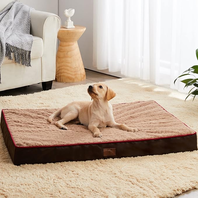 WNPETHOME Orthopedic Large Dog Bed, Extra Large Waterproof Dog Bed with Removable Washable Cover & Anti-Slip Bottom,Egg Crate Foam Pet Bed Mat,Soft Rose Plush Pet Crate Mat