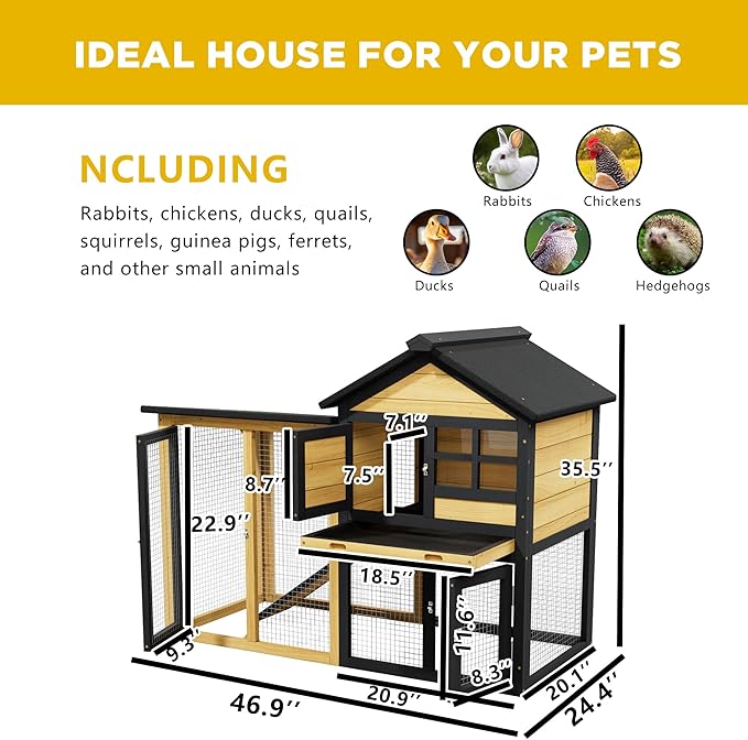 Large Chicken Coop and Run Outdoor Indoor Two Story Rabbit Hutch Pet House Guinea Pig Cage with Removable Tray，Ramp，Ventilation Doors for Chickens,Bunny,Ducks,Quails（Natural Wood）
